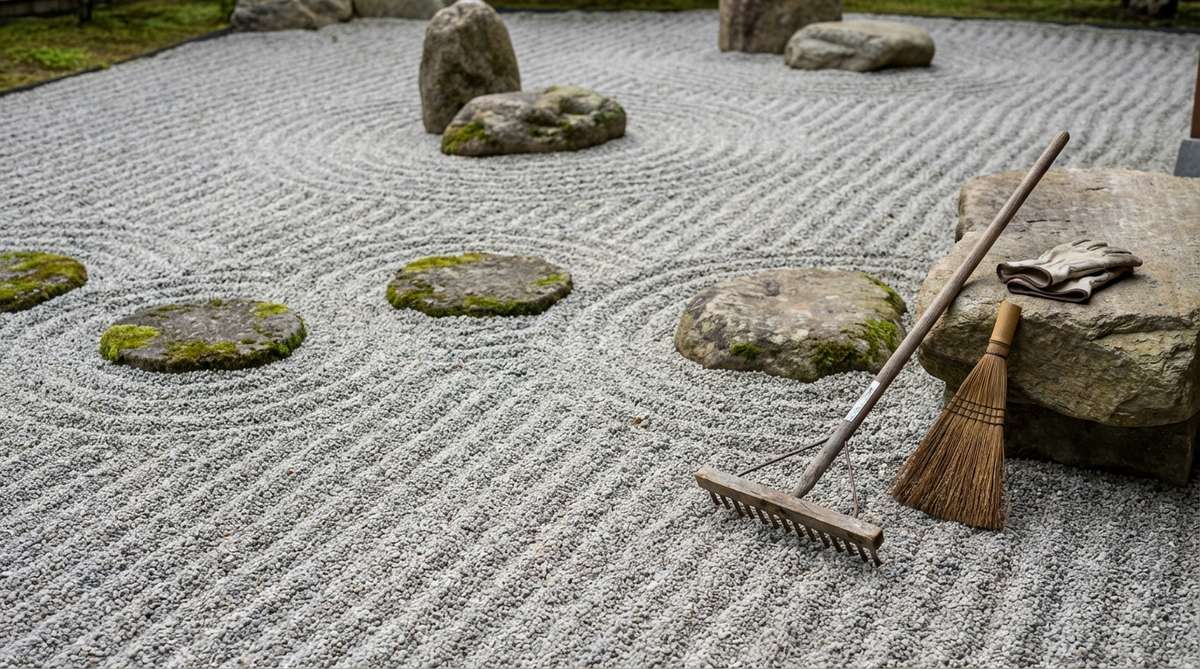 A close-up view of a Zen-inspired gravel garden featuring fine crushed granite raked into intricate wave and linear patterns, symbolizing flowing water in a dry landscape. The image highlights the meditative aesthetic and high-maintenance nature of this design, with specialized tools used for creating and refreshing the patterns weekly.