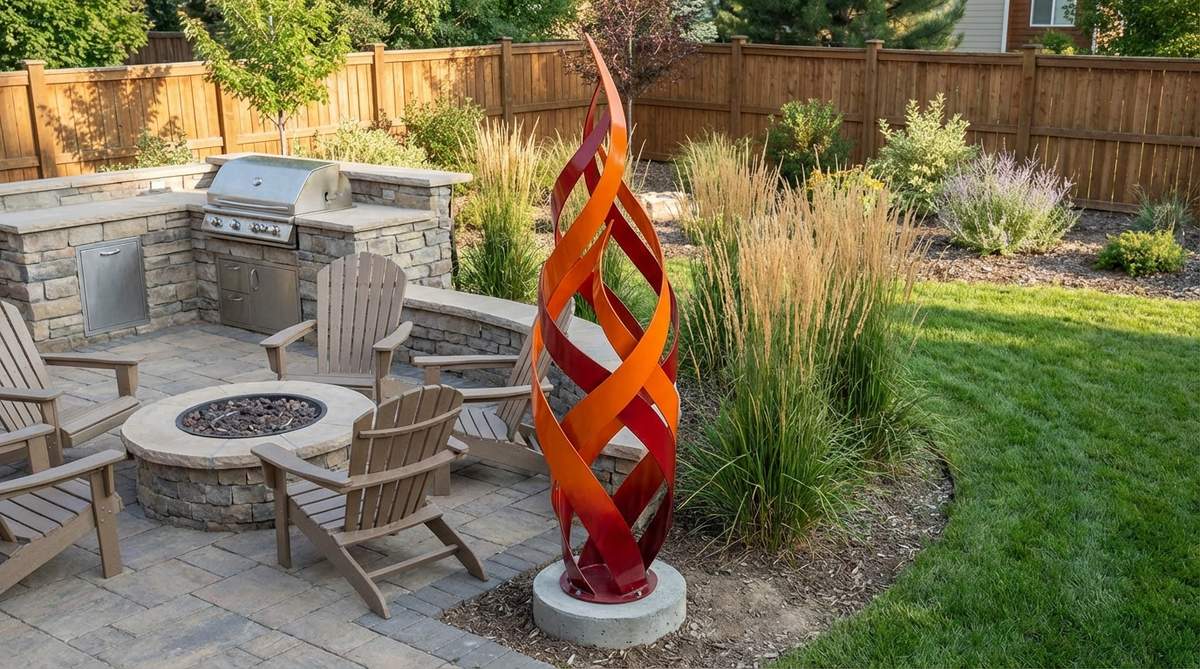 Modern abstract flame sculpture made of upward-reaching metal ribbons with orange and red powder coating that creates a dynamic fire illusion. Perfect for positioning near fire pits or outdoor kitchens, this 3-5 foot tall garden statue adds dramatic vertical accents and energy to garden compositions. Designed for outdoor use with secure concrete footing installation.