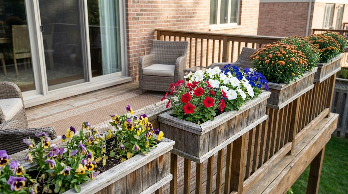 A balcony display featuring seasonal flower rotation boxes, showing spring pansies transitioning to summer petunias and fall mums for year-round color in balcony plant decor.