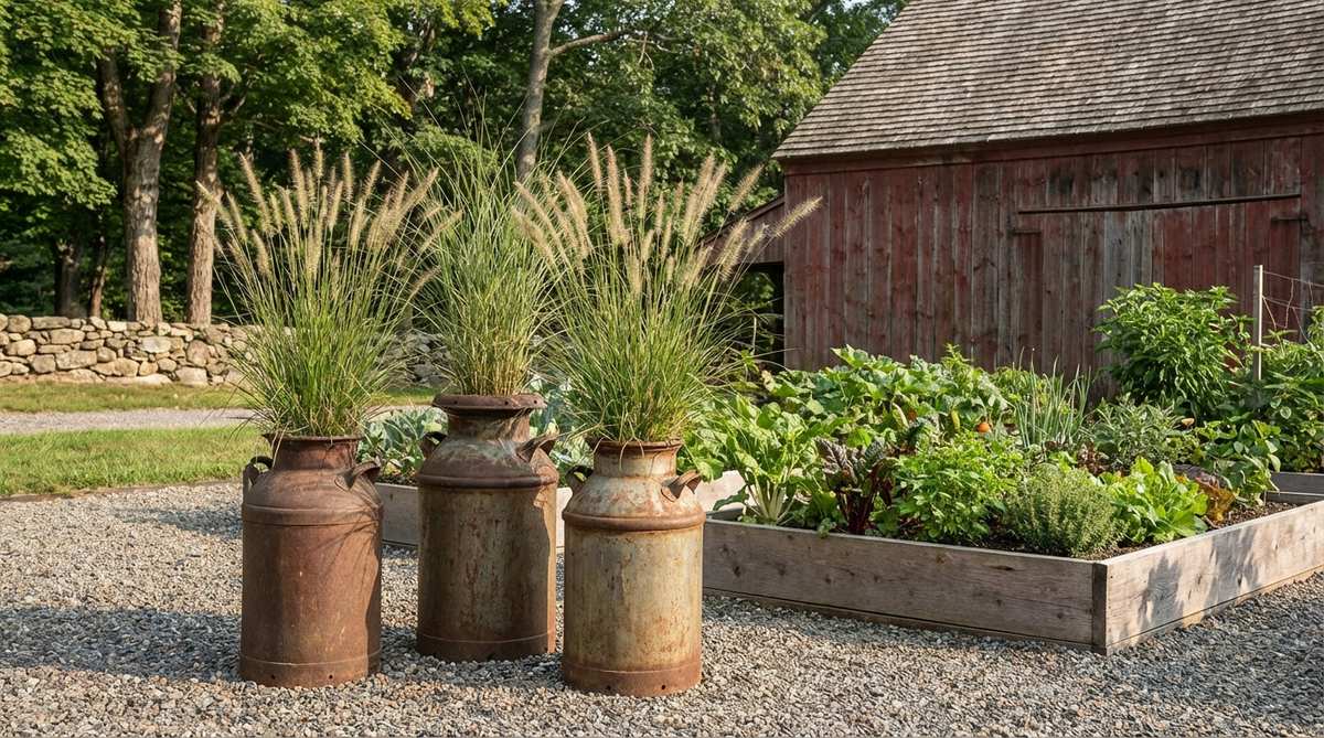 A tall antique metal milk can repurposed as a planter, featuring a weathered finish and cylindrical form that adds farmhouse character to vintage garden decor. Perfect for small spaces and vertical accents, it's shown planted with tall grasses and positioned alongside a vegetable garden or barn structure. Grouped in odd numbers for balanced visual interest.