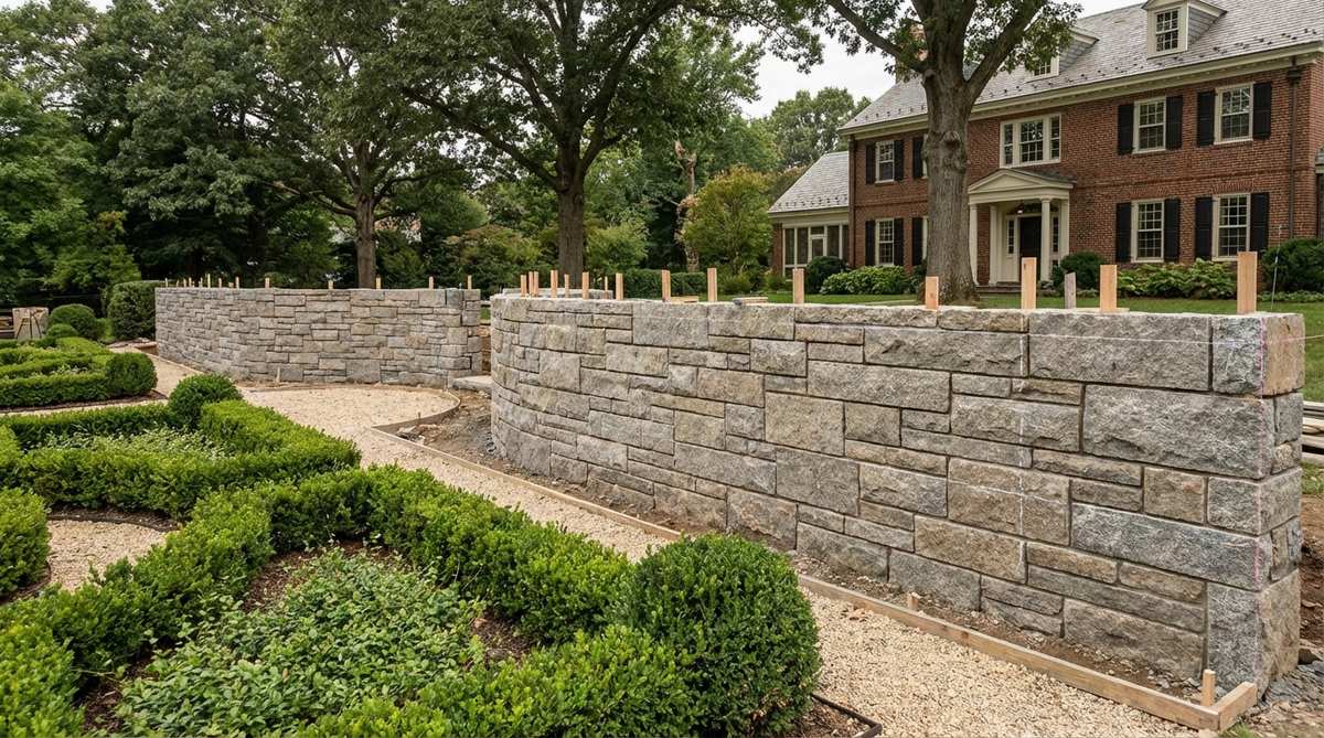 A formal stone garden wall featuring rectangular veneers laid in a precise ashlar pattern with running bond joints. This traditional masonry technique creates elegant geometry suitable for Colonial and Federal architecture, ideal for supporting formal parterre or rose garden installations. The image shows proper layout planning to minimize cuts at corners and openings, with dry-fit patterns demonstrated before adhesive application.