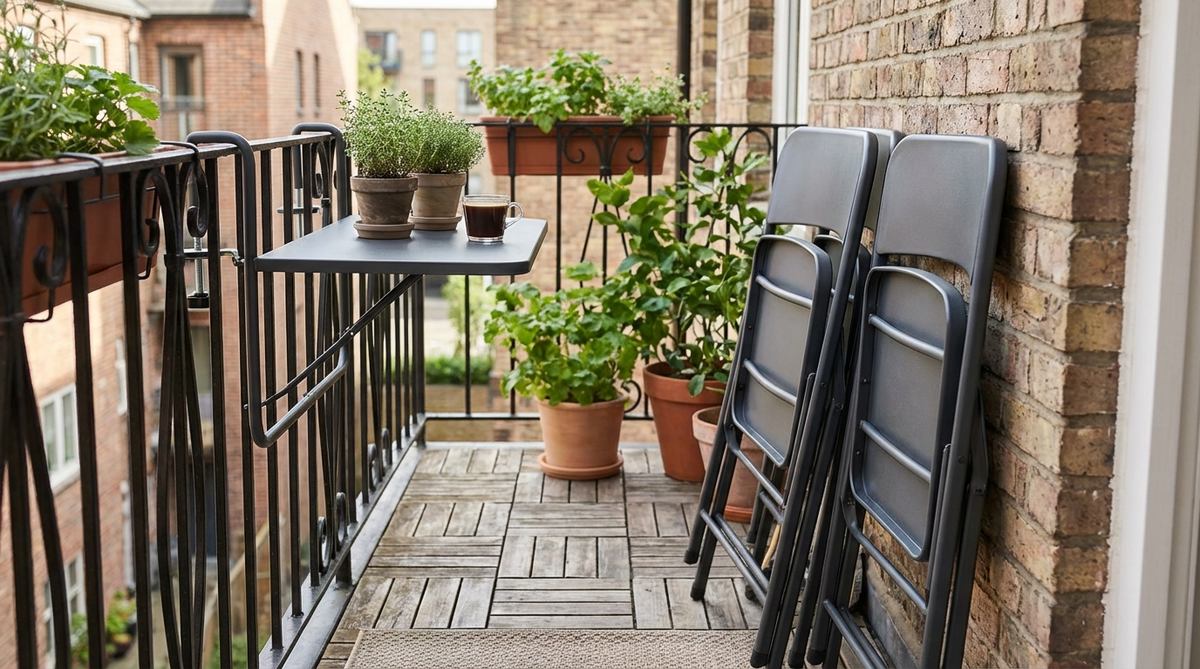 A modern balcony bistro set featuring a space-saving rail-mount table that clamps to balcony railings, eliminating floor footprint. Includes two folding chairs with lumbar support that store flat against the wall. Made of durable steel construction with clean lines, ideal for small apartment balconies under 40 square feet with adjustable clamps for railings 2-6 inches wide.