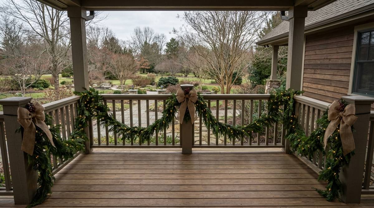 A decorative garden design featuring evergreen garland swags draped along porch or deck railings, creating horizontal bands with natural scallops between balusters. The garland is secured with hidden zip ties and accented with woven lights and bows at corner posts, framing outdoor living spaces while maintaining visibility through the railing openings to the surrounding landscape.
