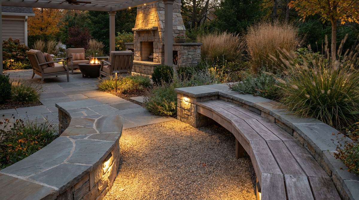 Small LED fixtures mounted beneath seating walls and built-in benches, creating pools of light along pathways and highlighting architectural elements in garden decor. The concealed placement provides subtle safety illumination without overwhelming intimate seating zones.