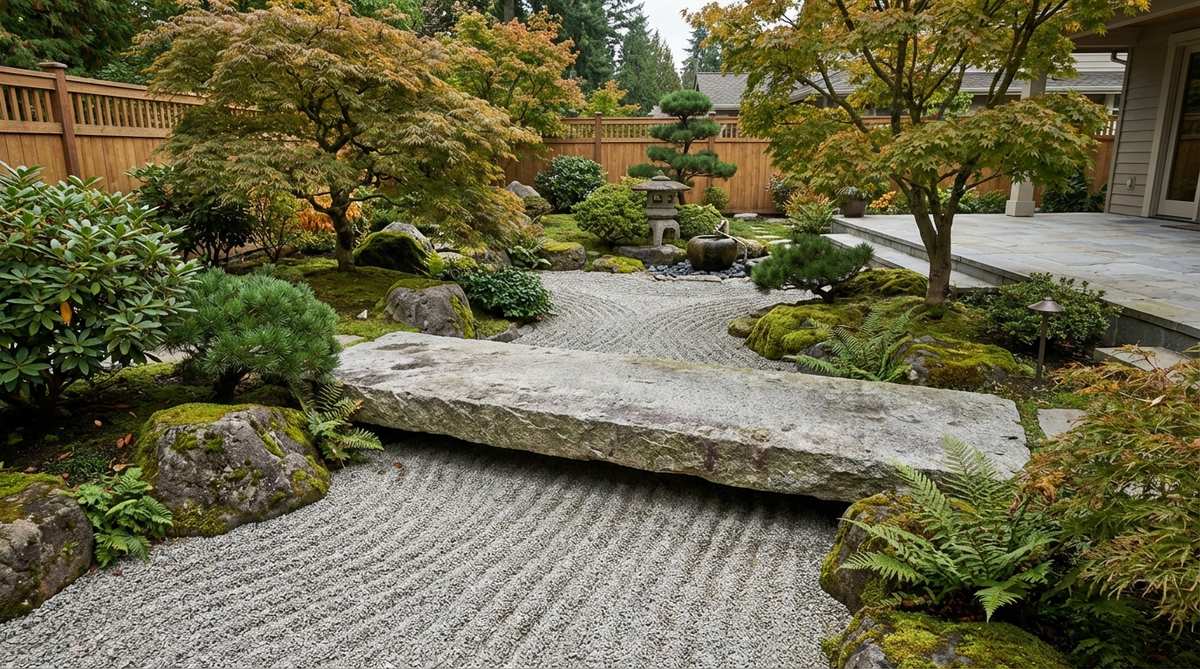 A large flat stone bridge spanning a raked gravel stream in a Japanese stone garden, with water patterns raked perpendicular to create flow illusion, demonstrating scale contrast and symbolic transition.
