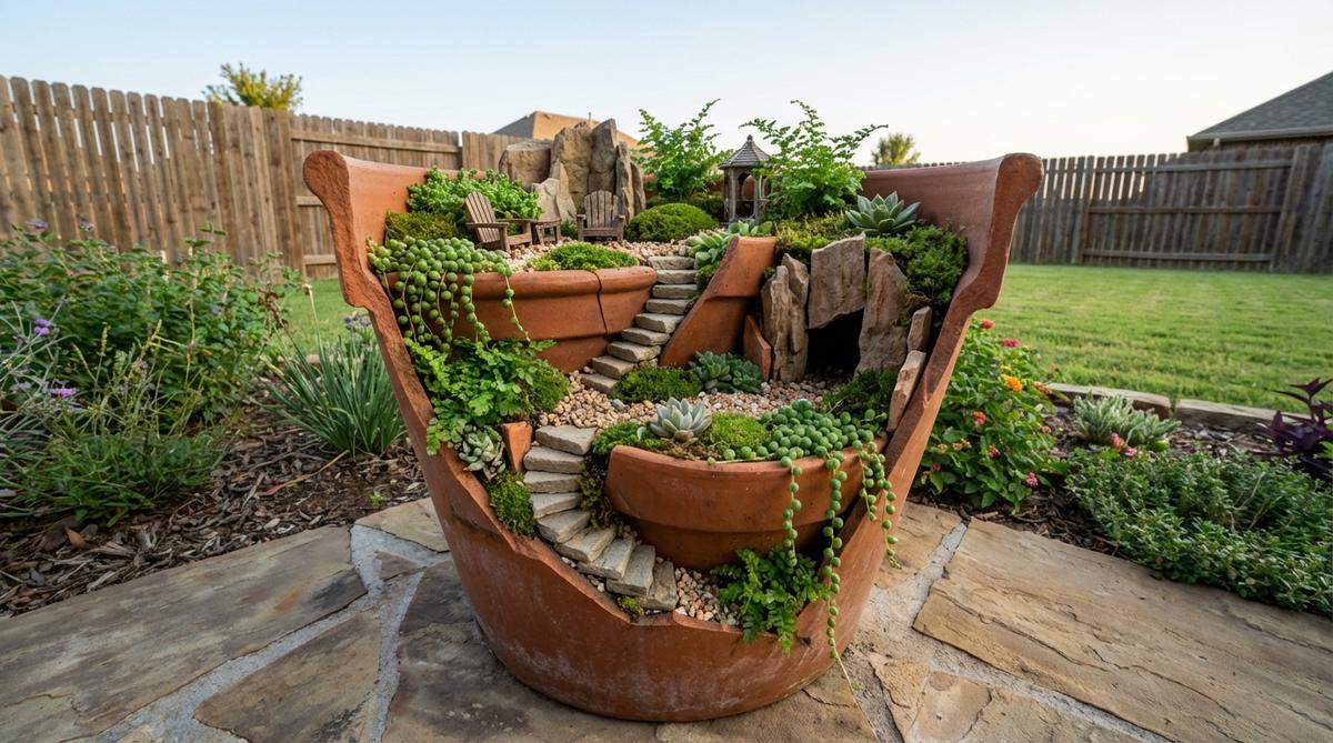 A fairy garden created from a broken terracotta pot, transformed into terraced planting levels with miniature stairs and pathways. Cascading plants like string of pearls drape over the edges, while angled shards form cliffs and cave entrances, embodying the whimsical fairy garden aesthetic.