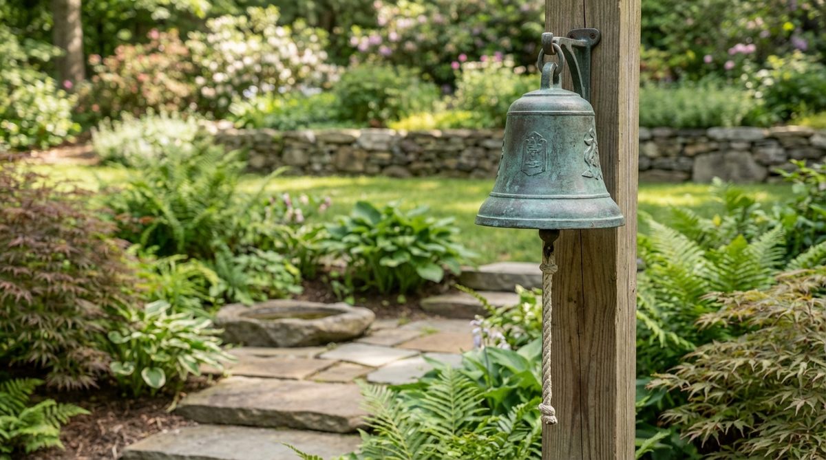 A hand-cast bronze garden bell, designed for wall or post mounting to produce resonant tones that enhance garden ambiance. Ideal for Asian-inspired gardens and meditation spaces, it develops a natural patina while maintaining tonal quality.