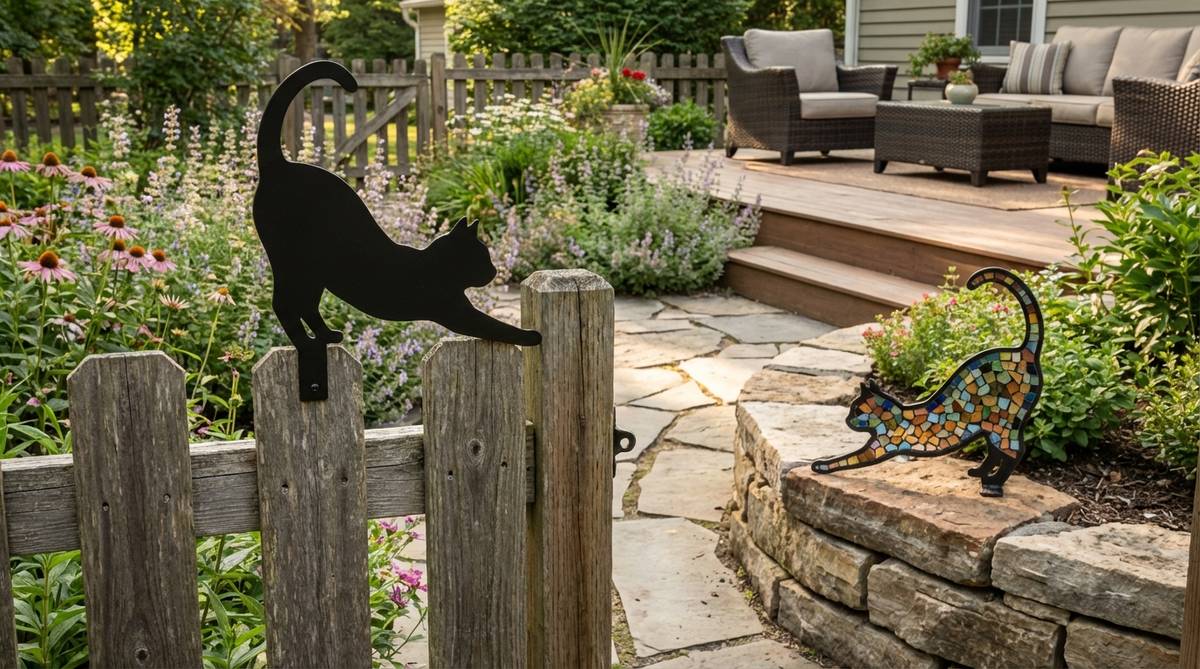 A decorative garden cat sculpture in a stretching pose, designed to be mounted on walls, fences, or raised bed edges. Features black silhouette or multi-colored versions that add whimsical detail and domestic comfort to outdoor spaces.