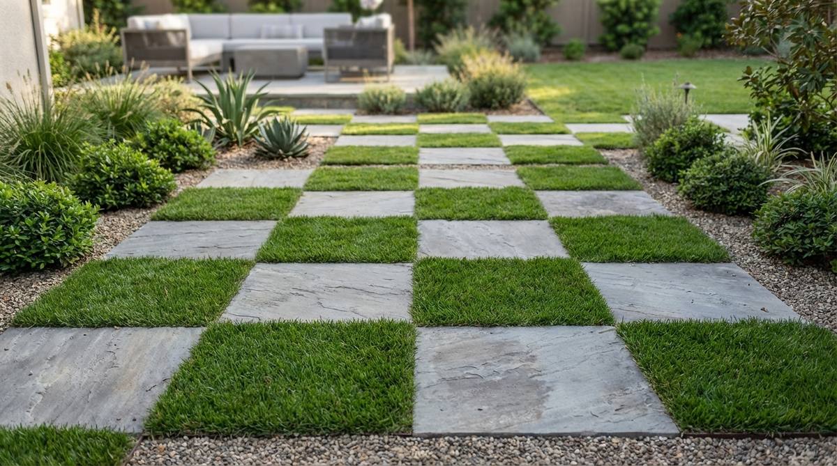 A contemporary stone garden path featuring alternating stone squares and grass panels in a checkerboard pattern, creating bold graphic patterns with reduced hardscape coverage. The design shows 18-24 inch cut stone squares with green turf grass panels, ideal for low-traffic areas in modern landscapes.