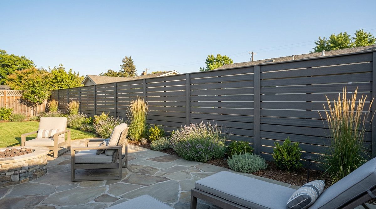 A modern composite board-on-board fence with alternating boards for privacy and air circulation, showcasing precise alignment and uniform dimensions in a garden setting.