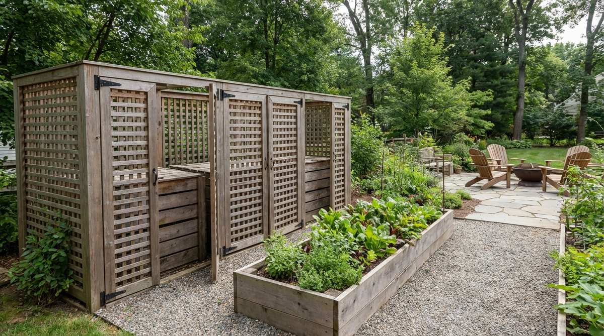 A decorative cedar lattice enclosure concealing a three-bin composting system in a garden setting, positioned near a kitchen garden for convenient access to finished compost while maintaining airflow.