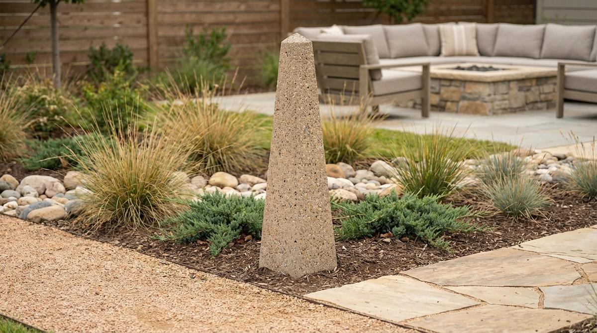 A modern garden design featuring a tapered concrete obelisk marker used to delineate garden entries, pathway intersections, or bed corners. The pillar stands 4-6 feet tall with a smooth or exposed aggregate finish, providing structural presence without overwhelming the landscape.