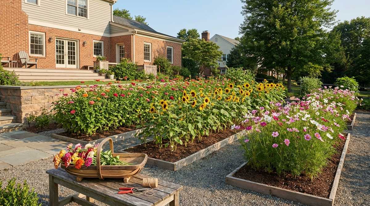 A terrace garden design featuring a cutting flower production garden with row plantings of zinnias, sunflowers, and cosmos for continuous blooms. The image showcases efficient harvesting techniques, long-stemmed varieties, and a balance of ornamental appeal with functional yields, ideal for flower arrangements.