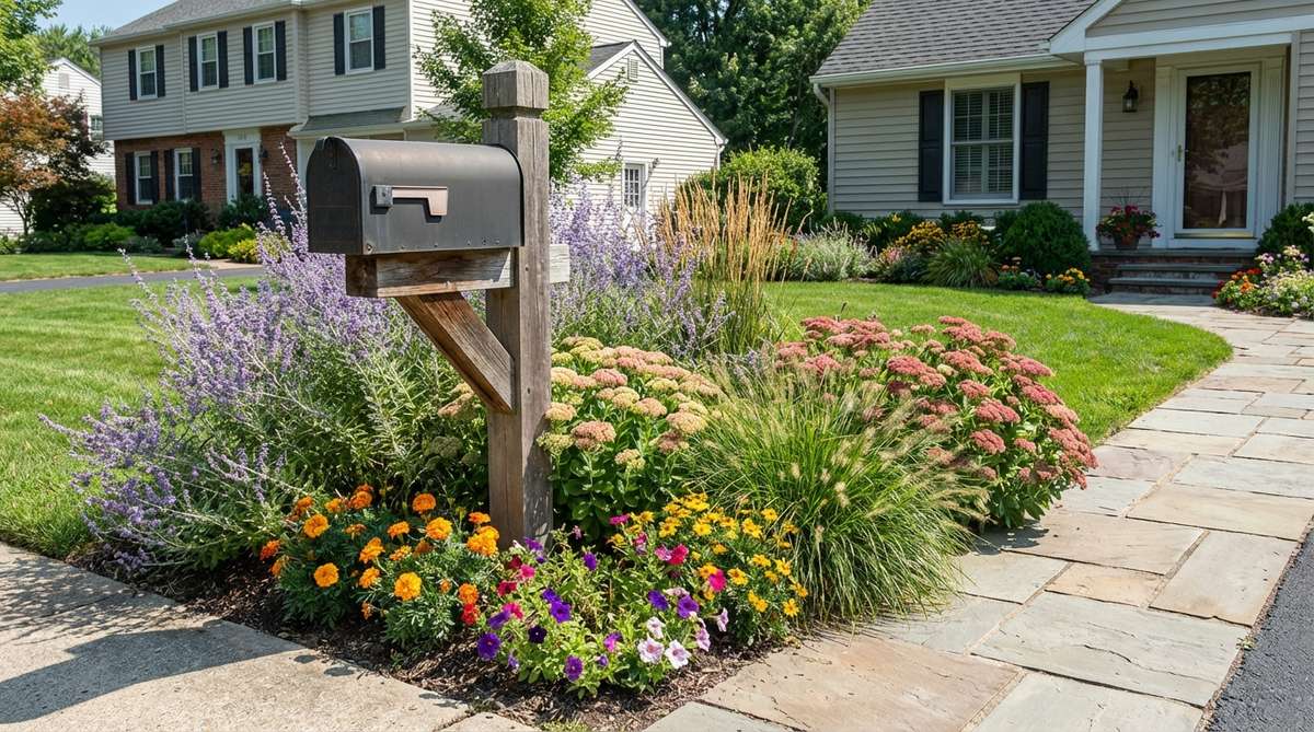 A creative small front garden idea showing decorative mailbox planting with compact perennials and annual displays surrounding a mailbox post. The planting bed demonstrates low-maintenance options that tolerate road salt and reflected heat, creating a cohesive streetside element that ties into the overall garden design.