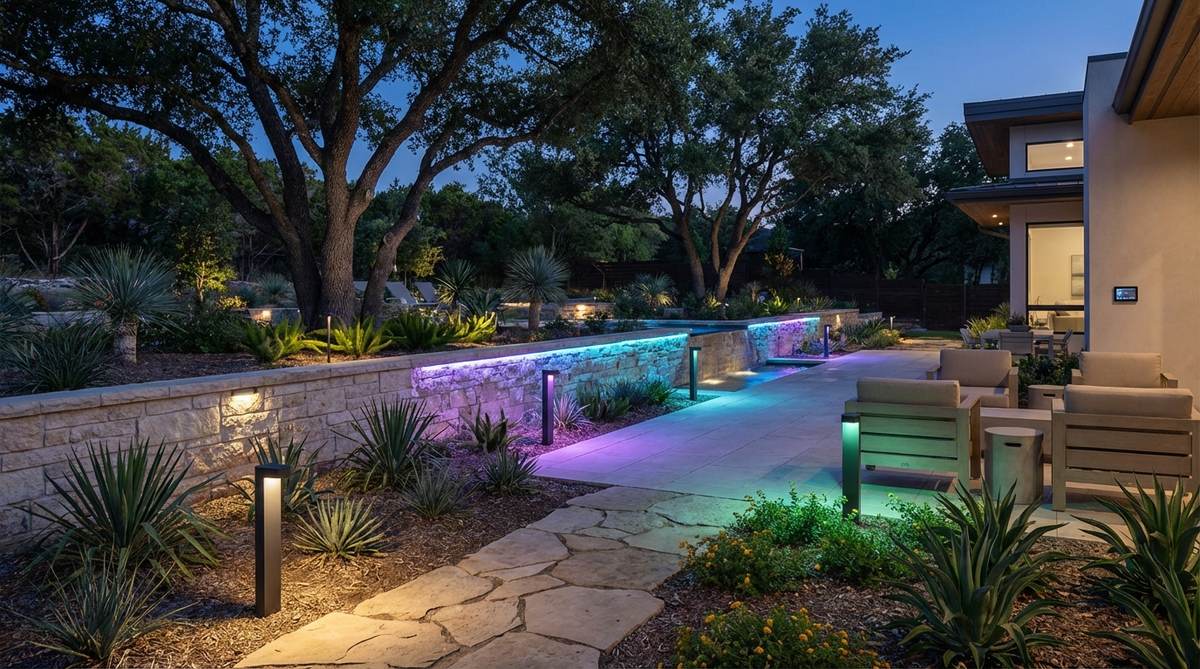 Professional DMX-addressable RGB lighting system for modern garden installations, showing synchronized color programming across multiple fixtures with pixel-level control for architectural effects like color washes, chases, and fades in residential and commercial settings.