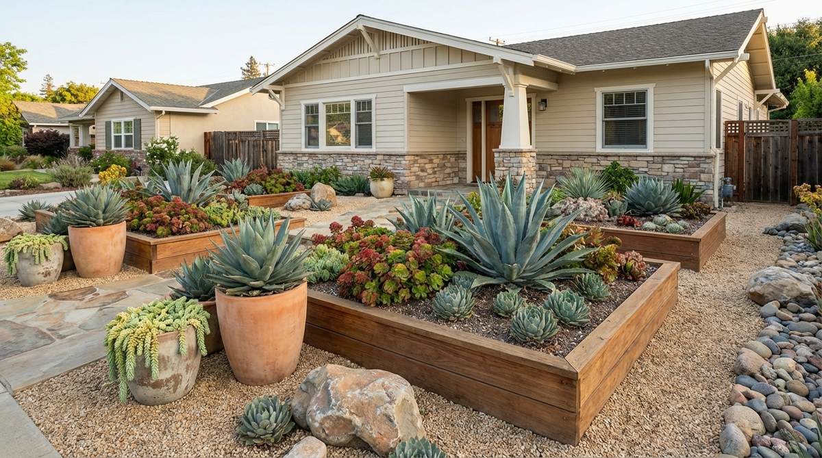 A front yard garden design featuring drought-tolerant succulents like agave, sedum, and sempervivum arranged in mass plantings and containers. The design emphasizes architectural interest with minimal water requirements, excellent drainage through amended soil or raised beds, and gravel mulch for low-maintenance landscaping in arid climates.