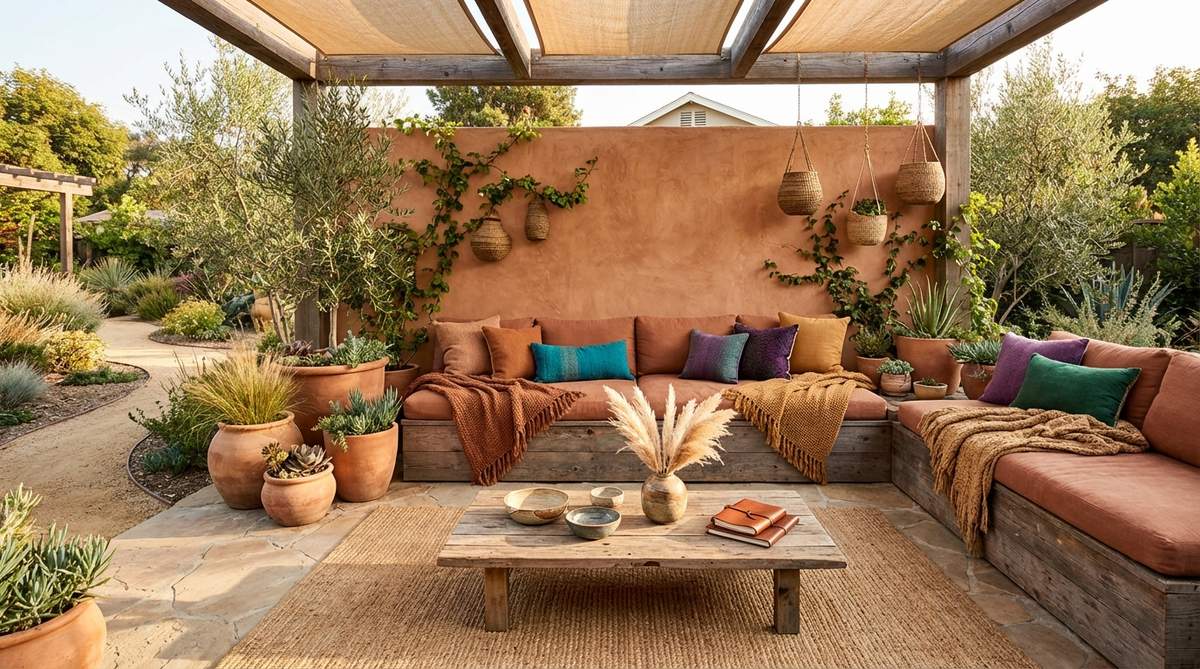 A boho decor style image showcasing an earthy foundation color palette with terracotta, clay, ochre, sienna, and warm browns. The composition features an accent wall in terracotta, clay-colored upholstery as anchor pieces, and layered earthy tones that ground brighter jewel-toned accents, creating psychological warmth and connection to natural landscapes fundamental to bohemian philosophy.