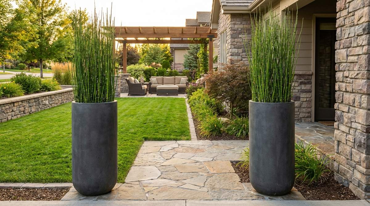 A pair of extra-tall columnar planters, standing 48-50 inches high with 14-16 inch diameters, used as vertical accents in outdoor decor. They frame entryways or define landscape edges, planted with upright specimens like bamboo or cordyline, featuring weighted bases and internal stakes for stability in wind.