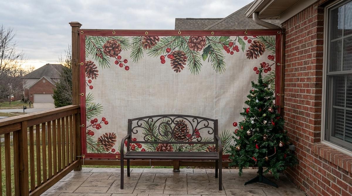 A weather-resistant fabric panel with holiday prints, designed for outdoor use as a large-scale backdrop in balcony Christmas decor. Features grommets for easy hanging and reinforced edges to withstand wind, ideal for creating graphic impact on exterior walls or as a decorative element for seating areas.