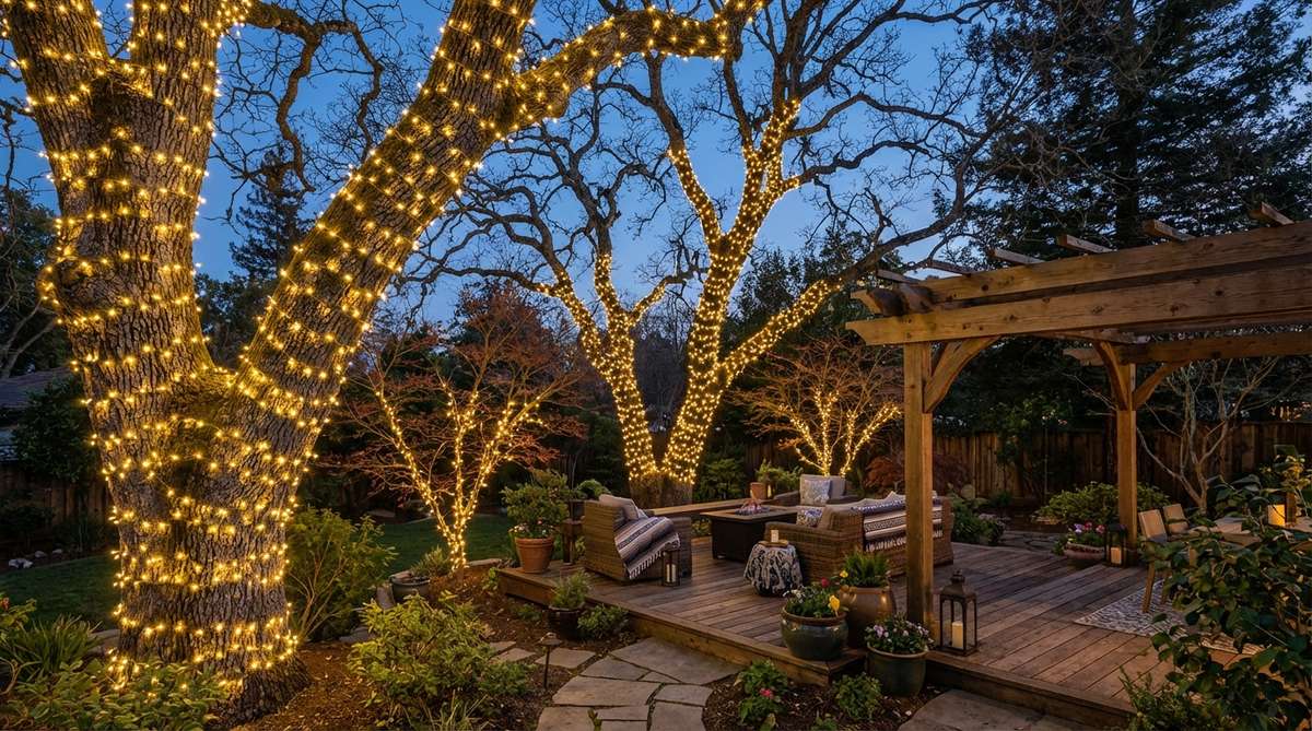 Tiny LED fairy lights spiraled around tree trunks and branches create an enchanted woodland effect in a boho garden. The delicate points of light emphasize tree structure and architectural branching, with solar-powered lights eliminating extension cord visibility.