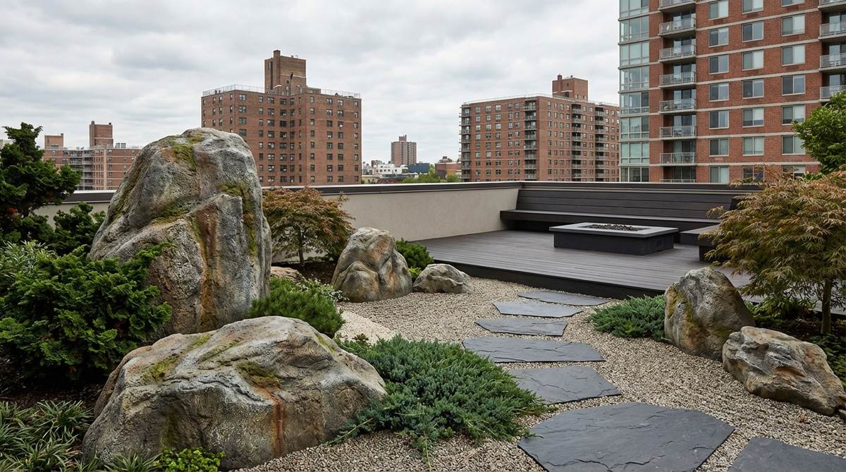 Lightweight fiberglass composite boulders in a modern Japanese garden setting, replicating authentic stone textures and colors while enabling rooftop installations with structural load limitations.