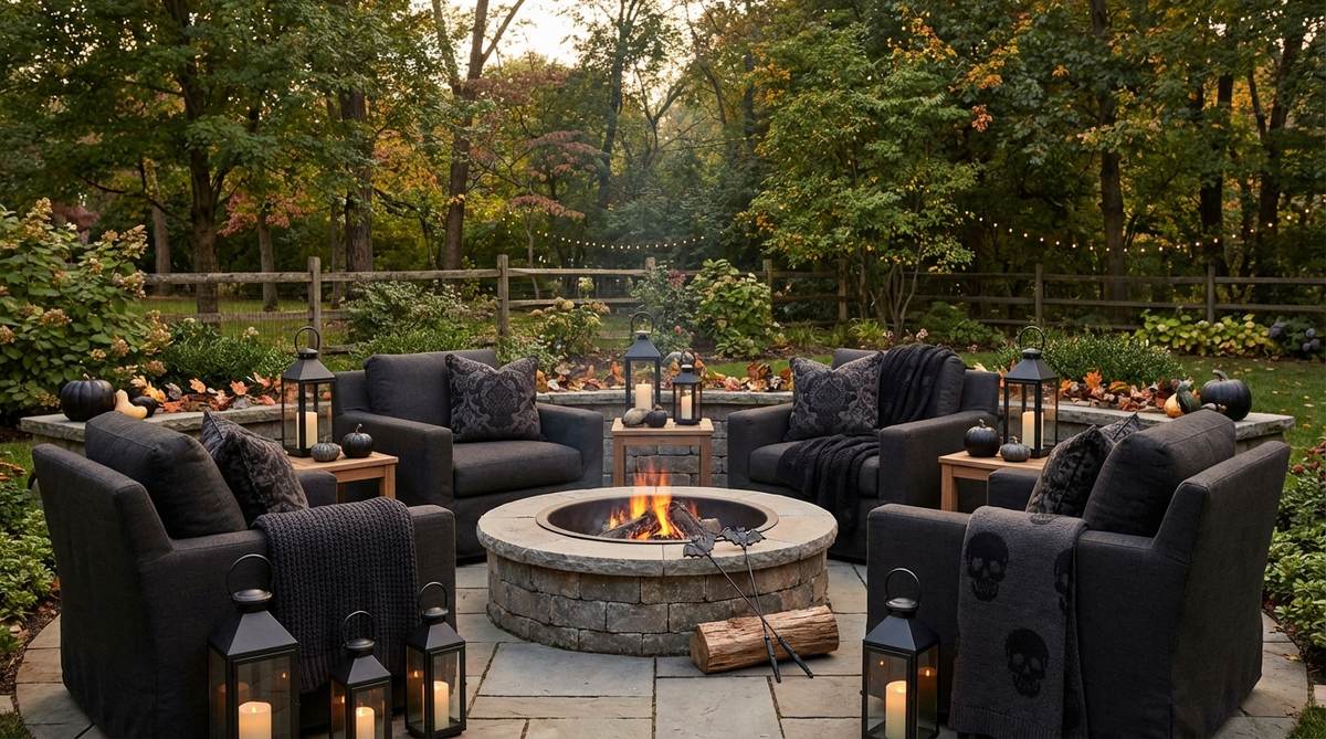 A cozy fire pit lounge area featuring subtle Halloween decorations, including dark cushions, metal lanterns, skull-patterned throws, and bat-shaped marshmallow skewers, designed for a stylish and comfortable outdoor Halloween ambiance.