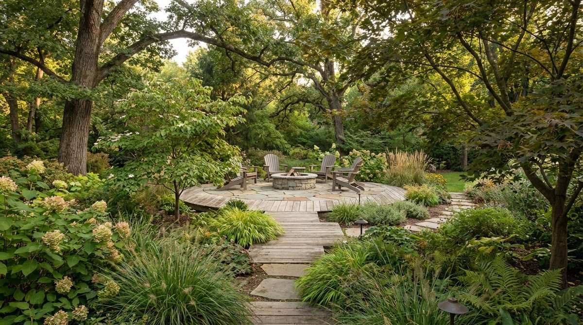A small garden patio designed as a floating island, positioned away from the house to create a journey through the landscape. Surrounded by 350-degree planting, it connects via a paver or decking path and centers around mature trees or unique garden features.
