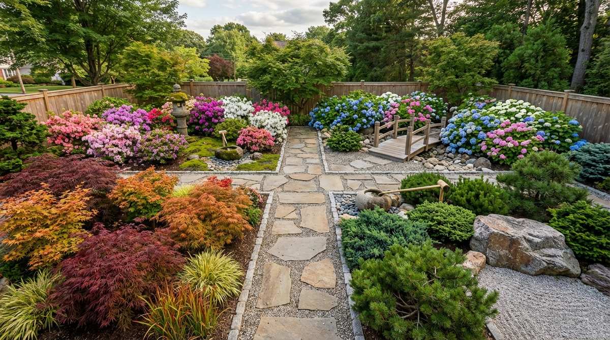 A Japanese garden scene featuring four distinct plant groupings arranged in quadrants, each designed to peak in a different season: spring azaleas, summer hydrangeas, autumn maples, and winter evergreens, illustrating temporal cycles in spatial form.