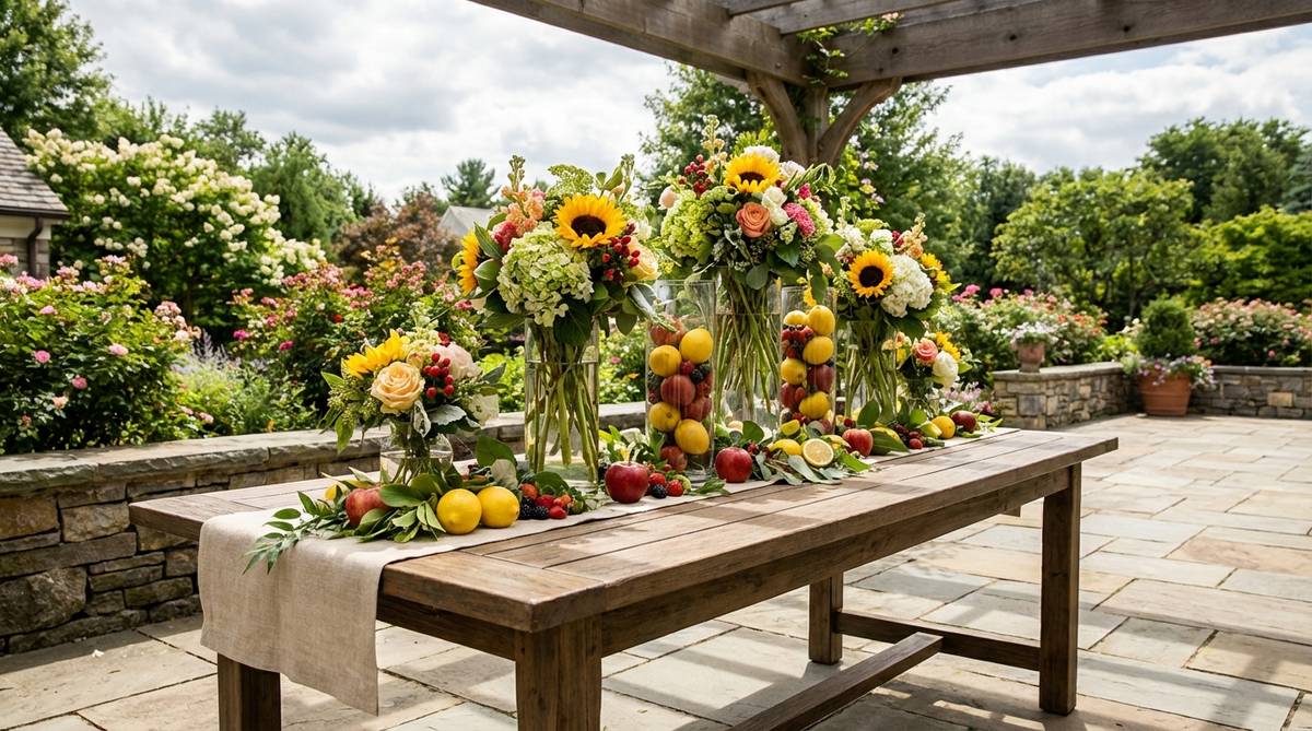 A vibrant garden wedding table centerpiece featuring lemons, apples, and berries integrated into floral arrangements in glass vessels, showcasing organic elements with pops of color, texture, and subtle fragrance for summer celebrations, connecting dining decor to garden abundance and seasonal harvest themes.