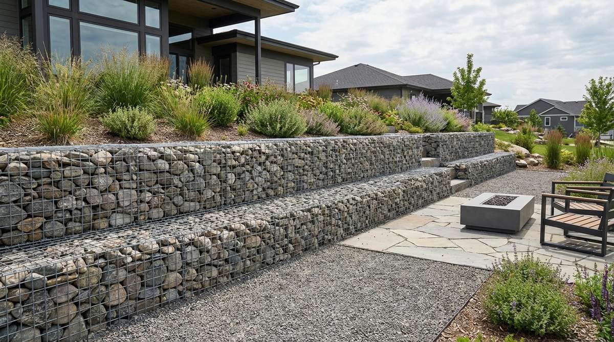 A modern gabion wall installation in a stone garden, showing wire cages filled with stones to create a retaining structure. The industrial aesthetic complements contemporary architecture, with stone sizes chosen to prevent escape from cage openings. The permeable design allows for water flow while providing structural support.