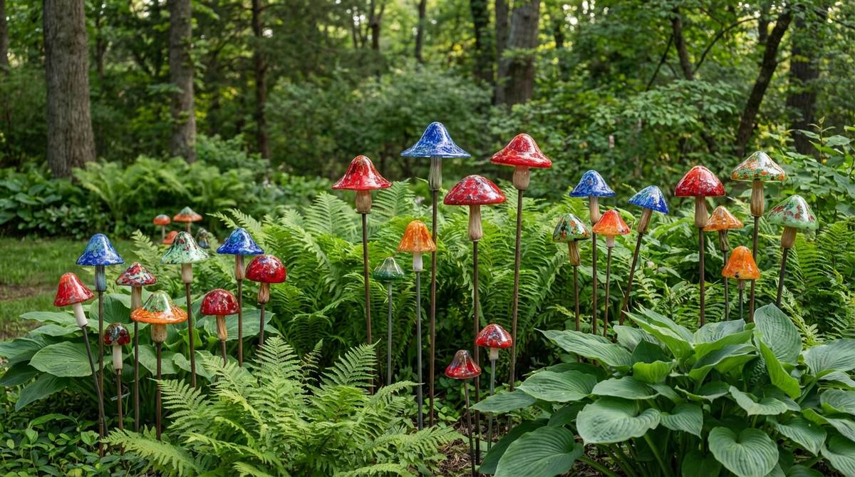 Whimsical blown-glass mushroom clusters in bright colors, mounted on stakes to create fairy garden atmospheres. Features varying cap shapes and stem heights that mimic natural mushroom colonies. Perfect for positioning among ferns and hostas in shaded woodland gardens where the colors pop against green backgrounds.
