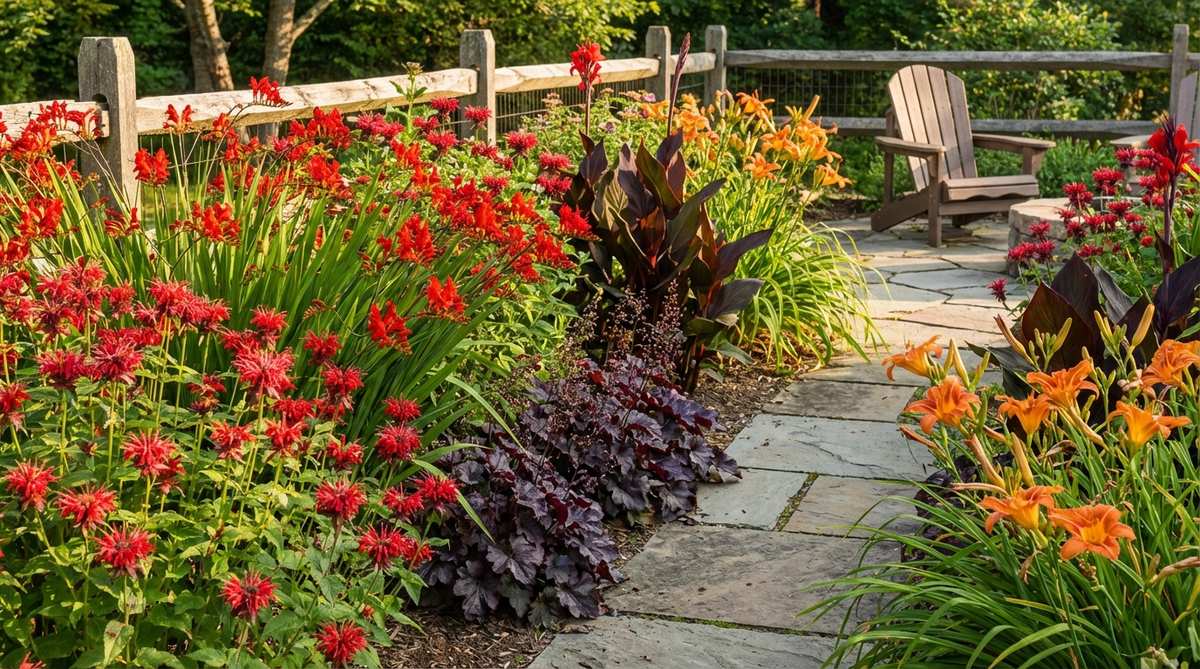 A vibrant garden border featuring fiery crocosmia, scarlet monarda, and orange daylilies, with purple-leaved heuchera and dark-foliaged cannas for contrast, energizing sunny cottage garden areas.