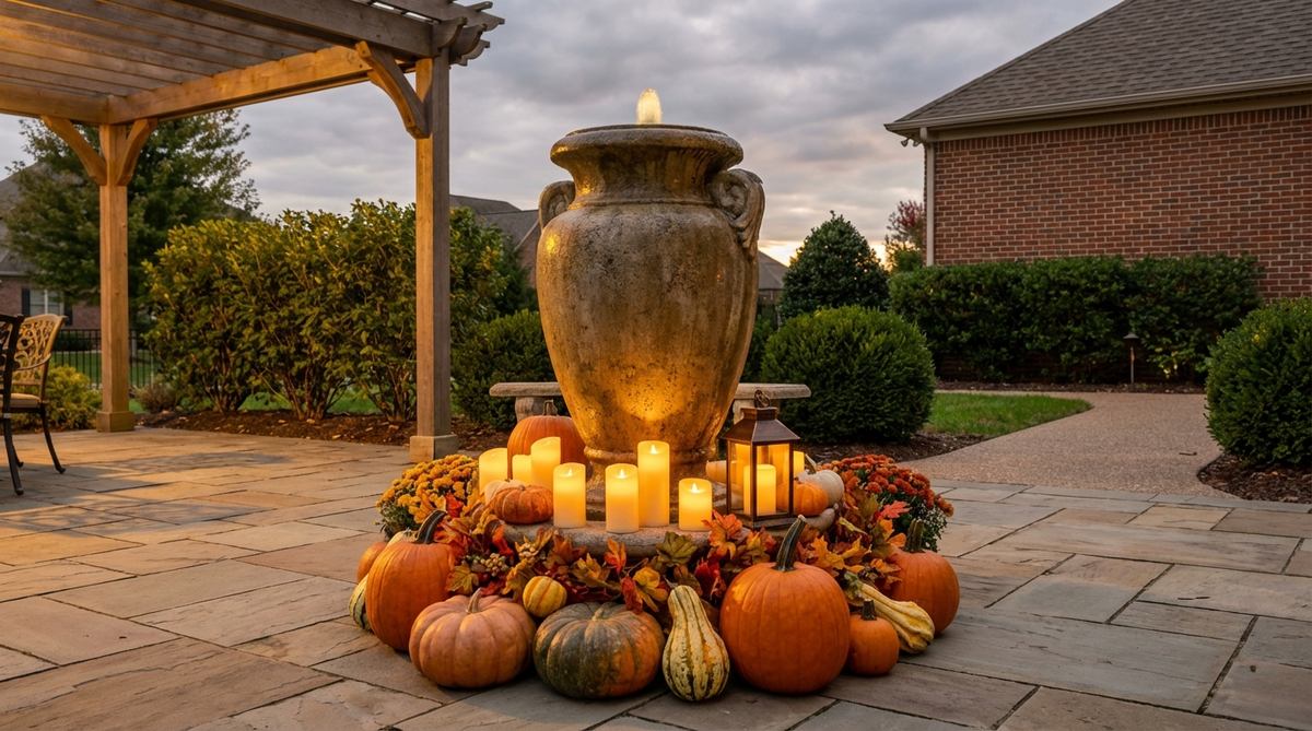 An illuminated urn fountain decorated for fall with pumpkins arranged around a central battery-operated lantern or LED candle grouping, positioned at entryway flanks or patio corners to serve as both daytime decoration and evening light source.