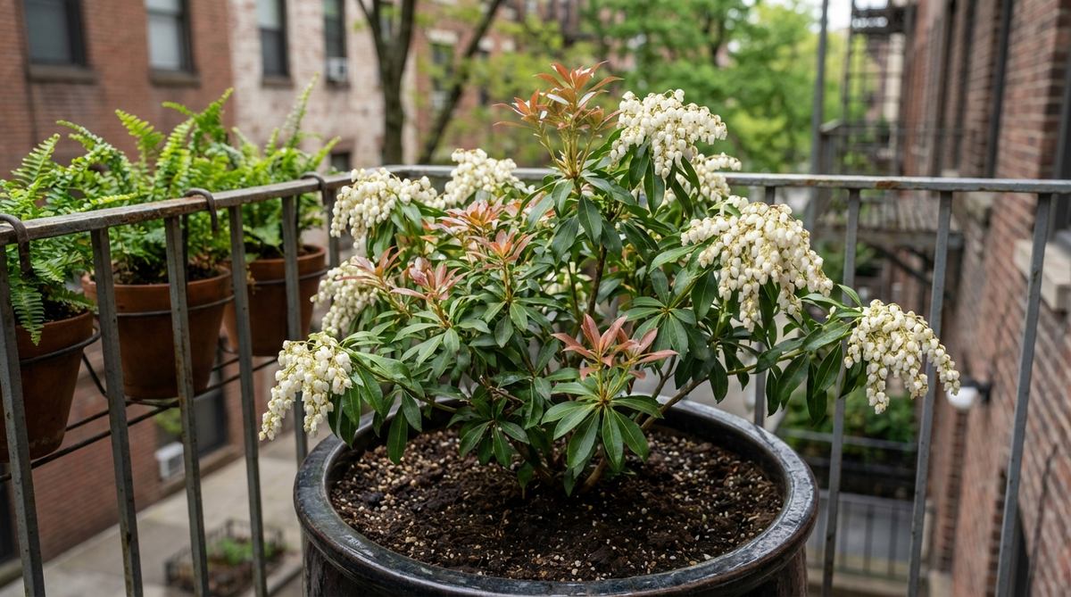 A photo of Japanese Pieris, an evergreen shrub with cascading flower clusters and colorful new growth, thriving in a shaded urban balcony setting. It is shown in a container with acidic soil, suitable for compact varieties like 'Little Heath', tolerating wind and pollution.