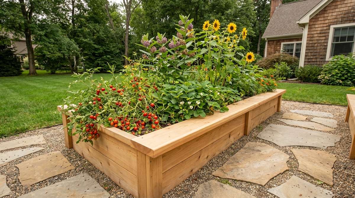 A low, child-friendly raised garden bed overflowing with cherry tomatoes, strawberries, sunflowers, and milkweed, designed for easy access and playful exploration with stepping stones and a front ledge.
