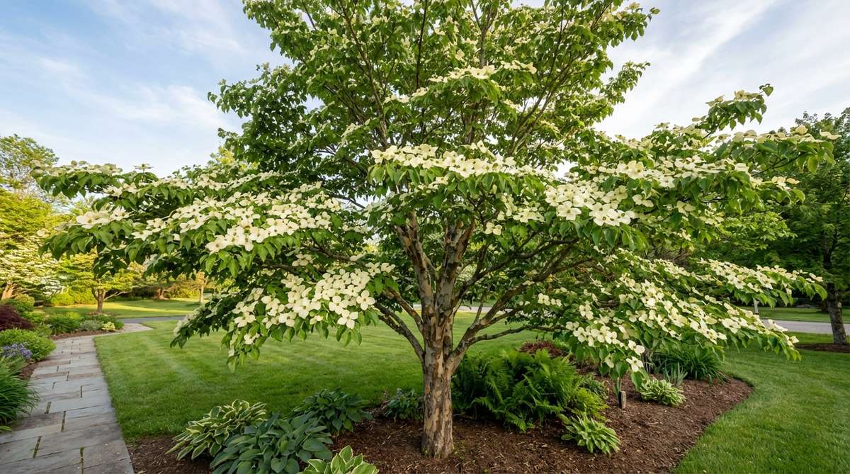A mature Kousa Dogwood (Cornus kousa) showcasing its distinct architectural tiers with layered horizontal branching, large white four-bracted flowers that bloom in late spring, and exfoliating bark with mottled patterns. This tree, ideal for zones 5-8, grows 15-30 feet tall with a vase shape, featuring strawberry-like red fruits and purple-red foliage in fall, known for its superior disease resistance compared to other dogwood species.