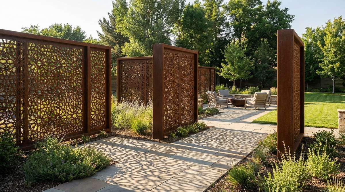 A modern garden decor featuring laser-cut metal privacy walls with intricate geometric patterns, such as repeating circles or Islamic designs, that provide screening while allowing light and air to pass through. The panels, made from corten or powder-coated steel, cast dynamic shadows that change throughout the day, serving as both functional art and a temporal element in outdoor spaces.