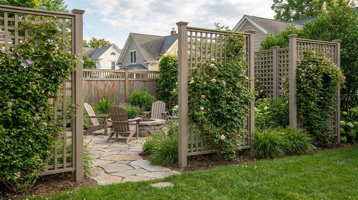 Freestanding lattice panel screens creating visual barriers in a small backyard garden, supporting climbing plants for coverage while maintaining air circulation with semi-transparent design.