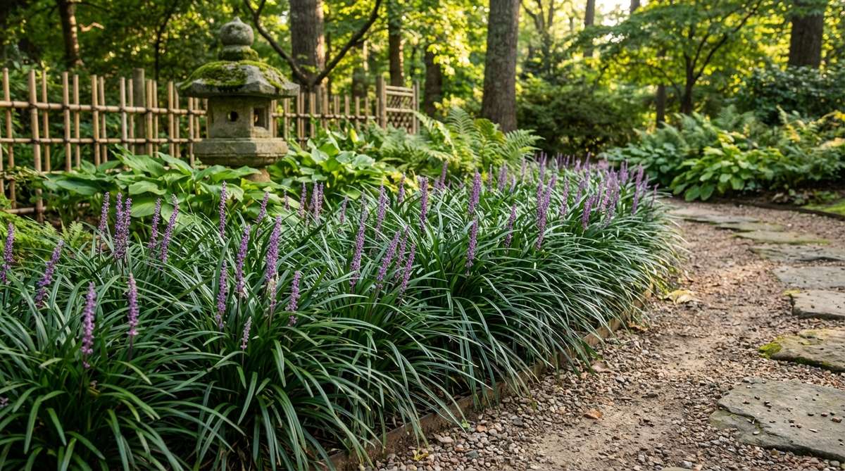 A close-up photo showing liriope (mondo grass) used as border edging along a garden path or bed in a Japanese-inspired garden. The dark green, grass-like foliage creates a neat, evergreen border that defines spaces naturally without hard materials. Tight groupings of liriope plants form dense coverage, with purple flower spikes visible in late summer adding subtle vertical accents. The image illustrates how liriope guides movement and provides clean edges in garden design.