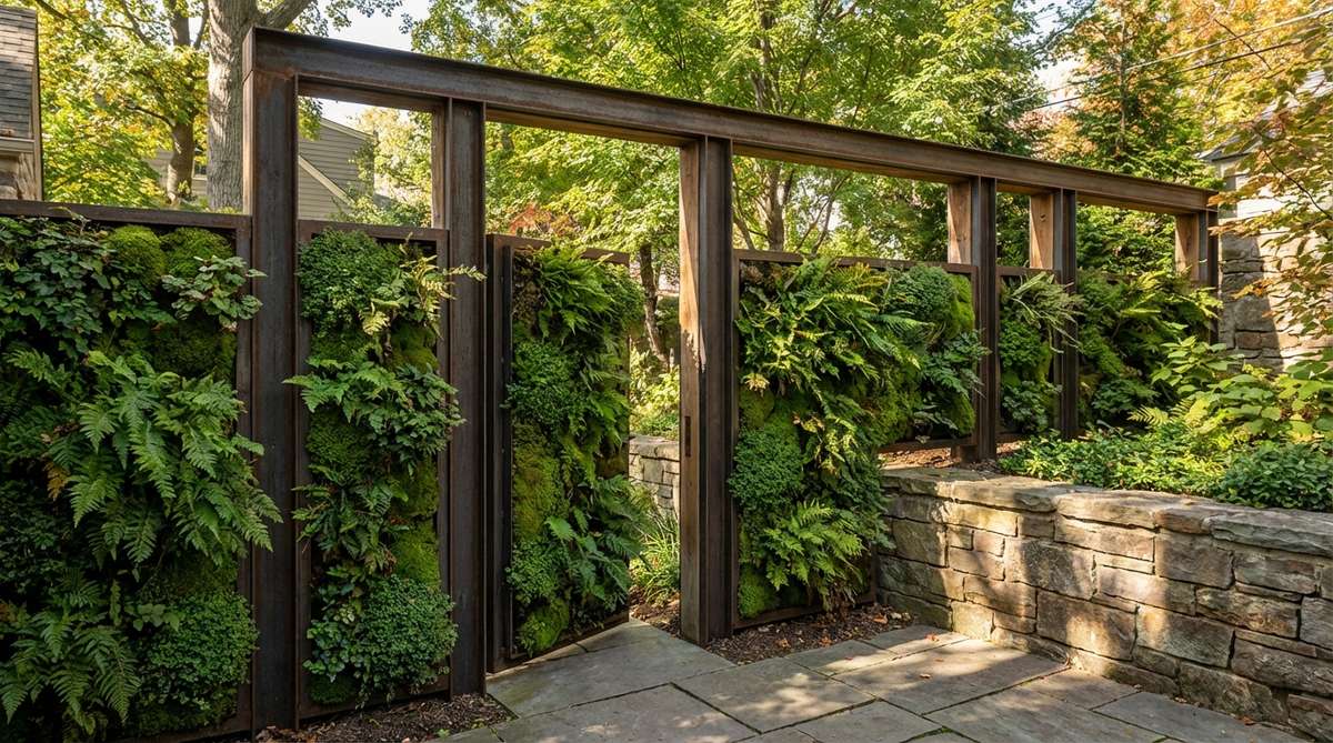 A vertical planting system integrated with a structural frame, creating a living gate that changes seasonally. Features modular planting panels with shade-tolerant ferns, mosses, or evergreen groundcovers, providing cooling effects and habitat in urban environments.
