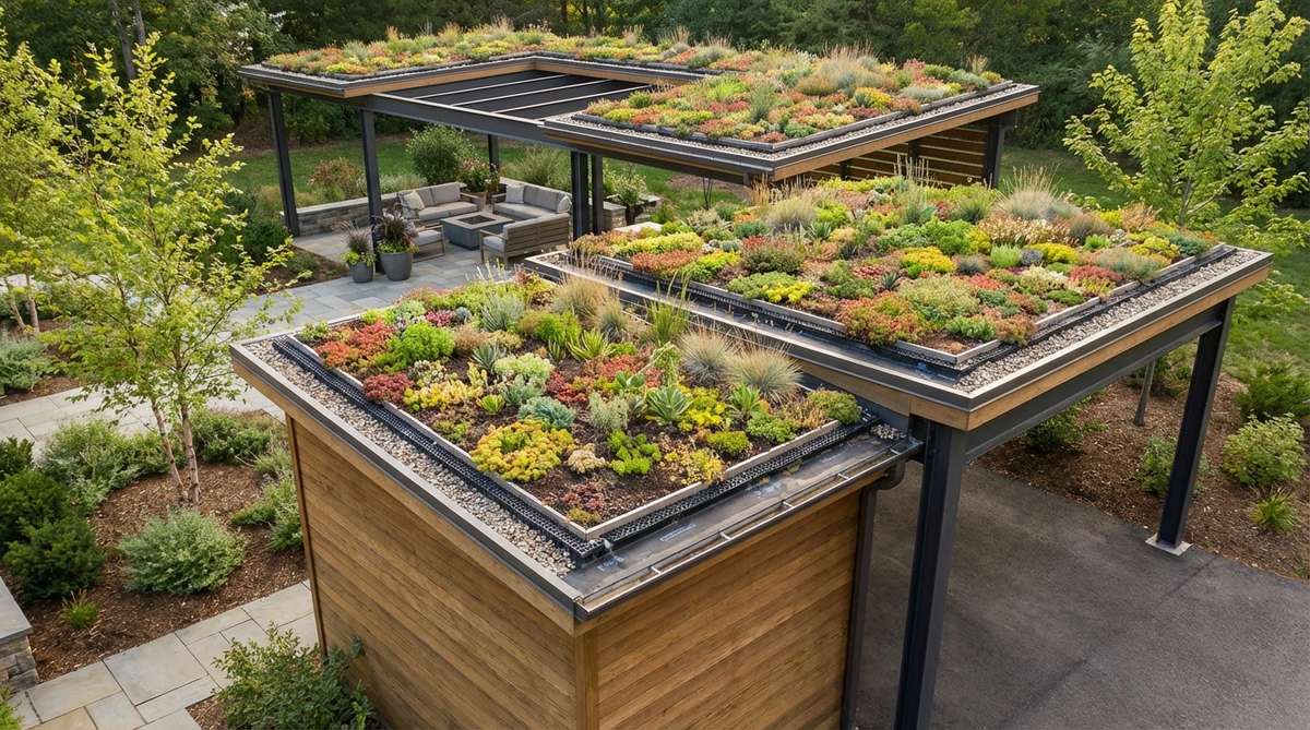A contemporary garden featuring living roof structures installed on sheds, carports, and pergolas. The green roofs are planted with sedums and shallow-rooted species that provide insulation and stormwater management. The image shows proper waterproofing, drainage layers, and growing medium installation with slightly pitched roofs for optimal water drainage.