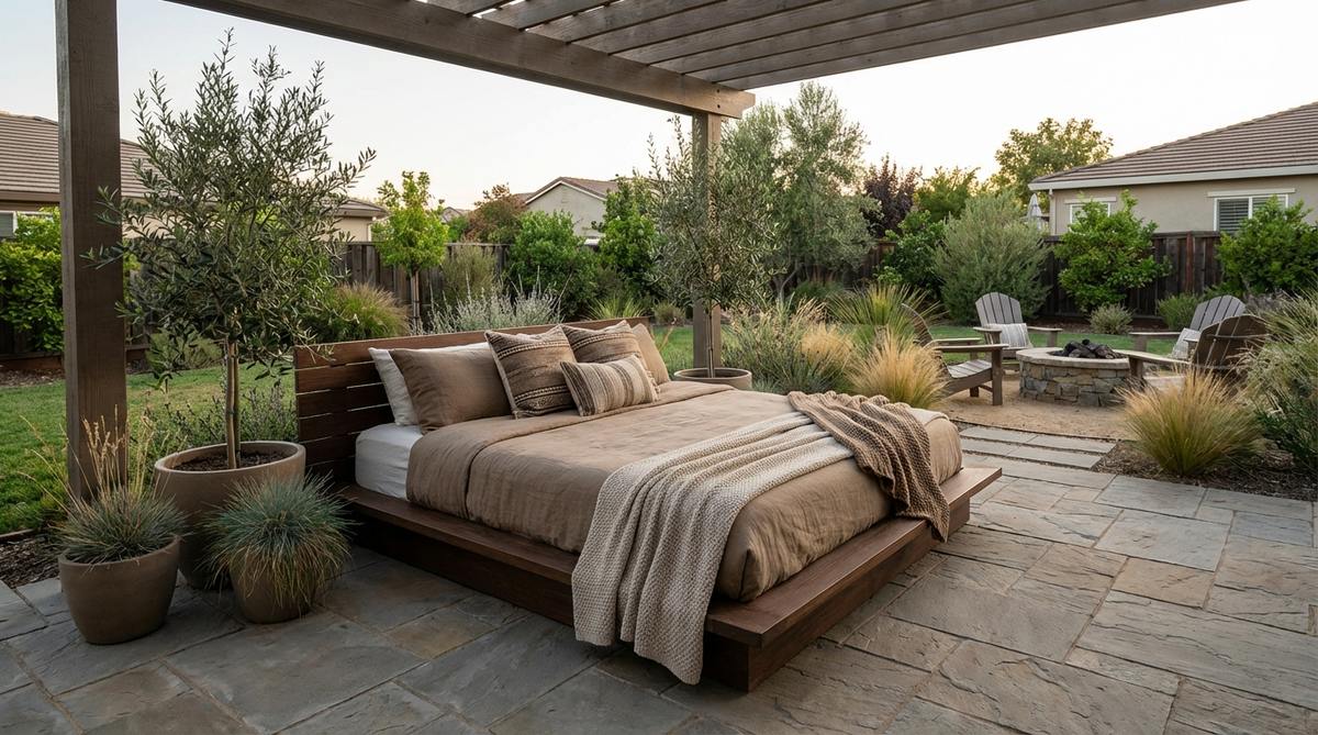 A low profile platform bed with minimal height and clean lines, providing modern structure in a bedroom. Layered with textured bedding, varied pillows, and woven throws to introduce tactile richness, creating a grounded and relaxed feel compatible with bohemian sensibility.