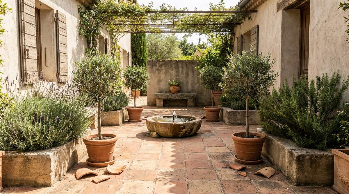 A miniature Mediterranean courtyard garden featuring terra cotta tiles, miniature olive trees, lavender, and rosemary plants with a small fountain. Authentic herb plants provide fragrance, and broken terra cotta pottery pieces create an aged appearance, perfect for warm, sunny locations.