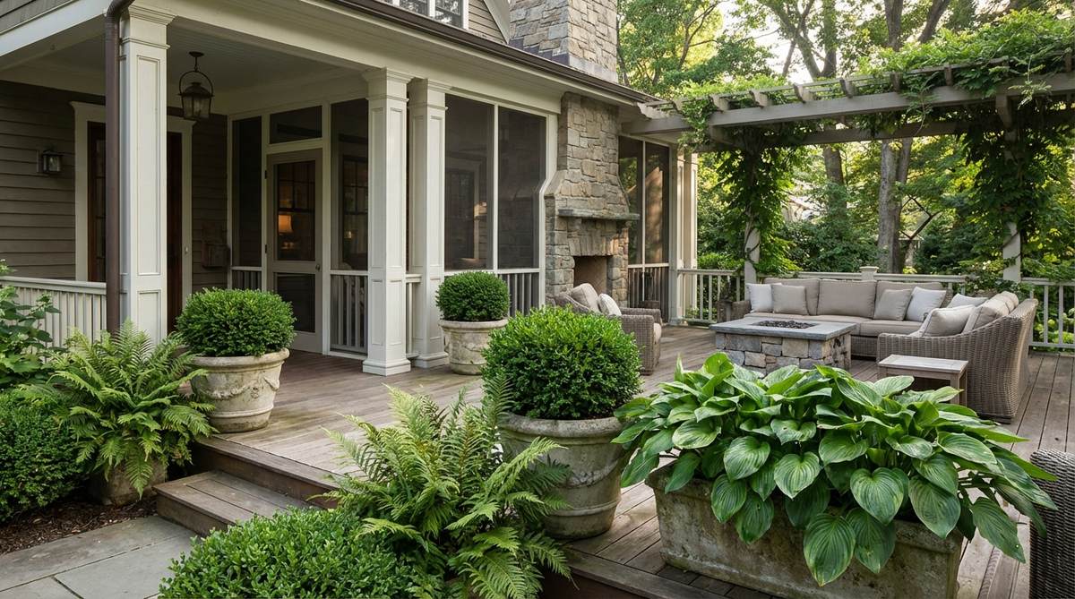 A sophisticated outdoor porch decor featuring a monochromatic green planting scheme with varied textures including glossy hostas, feathery ferns, and structural boxwoods, creating a restful composition that complements intricate porch architecture.