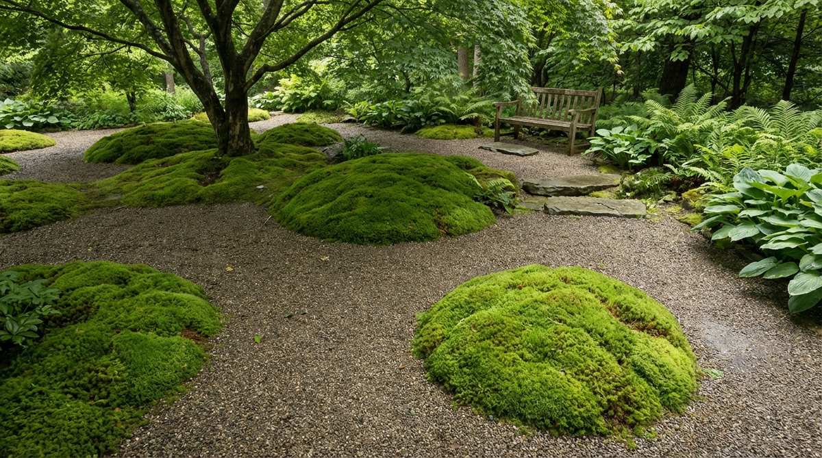 A serene garden scene showing soft green moss mounds emerging through a fine gravel surface, illustrating the contrast between organic and mineral textures in a shaded, moist environment.