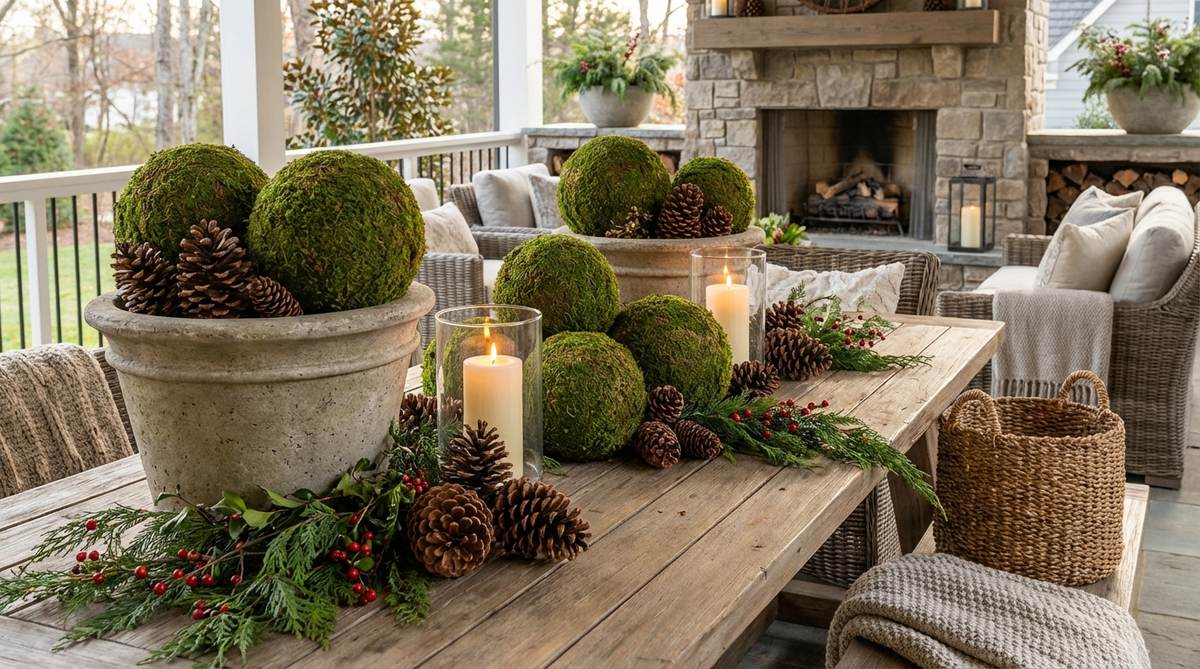 Large preserved moss-covered ornament balls arranged in odd-numbered groupings with pinecones and candles, creating natural organic focal points for outdoor Christmas decor in planters, porch tables, or decorative bowls.