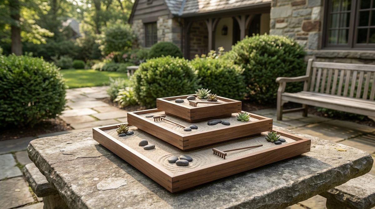 A set of three graduated stacking trays designed for a zen garden miniature, ideal for meditation with options to use one, two, or all three trays based on available time, featuring a compact storage design.