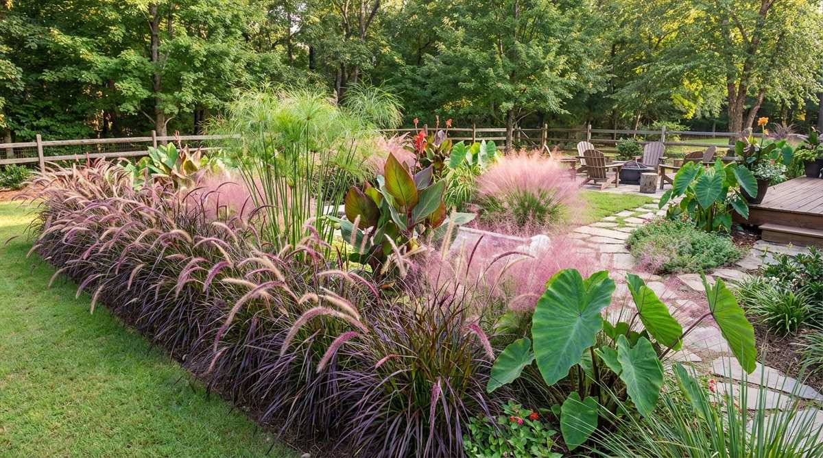 A vibrant display of ornamental grasses including purple fountain grass, Prince Tut papyrus, and pink muhly grass, creating dynamic movement and texture contrast with broad tropical leaves in a garden setting.