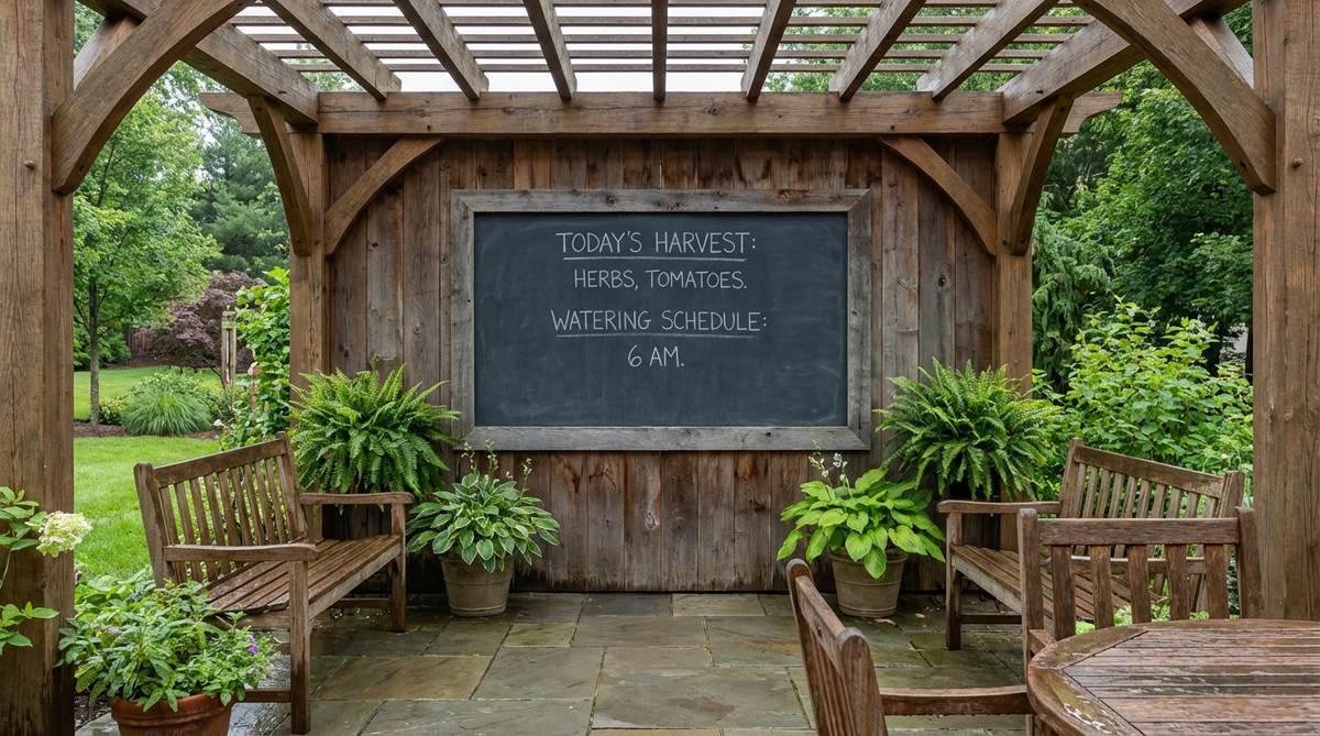 A durable outdoor chalkboard or whiteboard wall mounted in a garden setting, showing weather-resistant paint or commercial board installation for writing messages, plant labels, or creative drawings, positioned under cover to protect from rain.