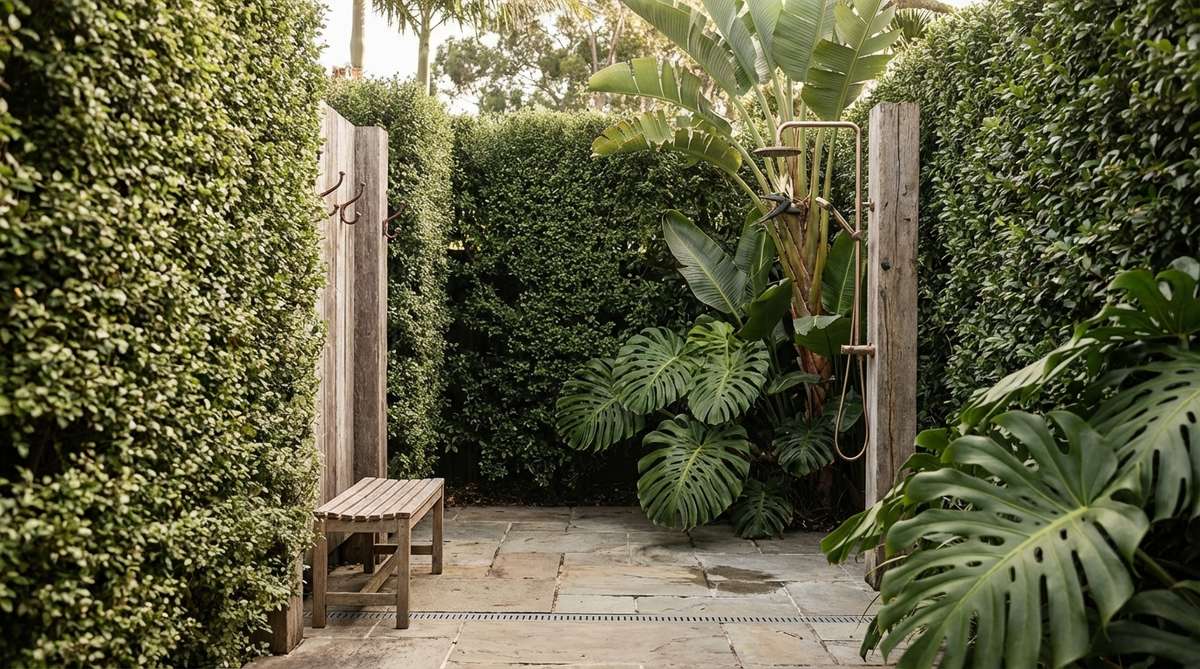 A serene outdoor shower courtyard oasis surrounded by tall planting screens, featuring a simple stone deck for drainage with hooks, a small bench, and large-leaf plants for a lush, calming vibe that creates a private, contemplative nook in the garden.